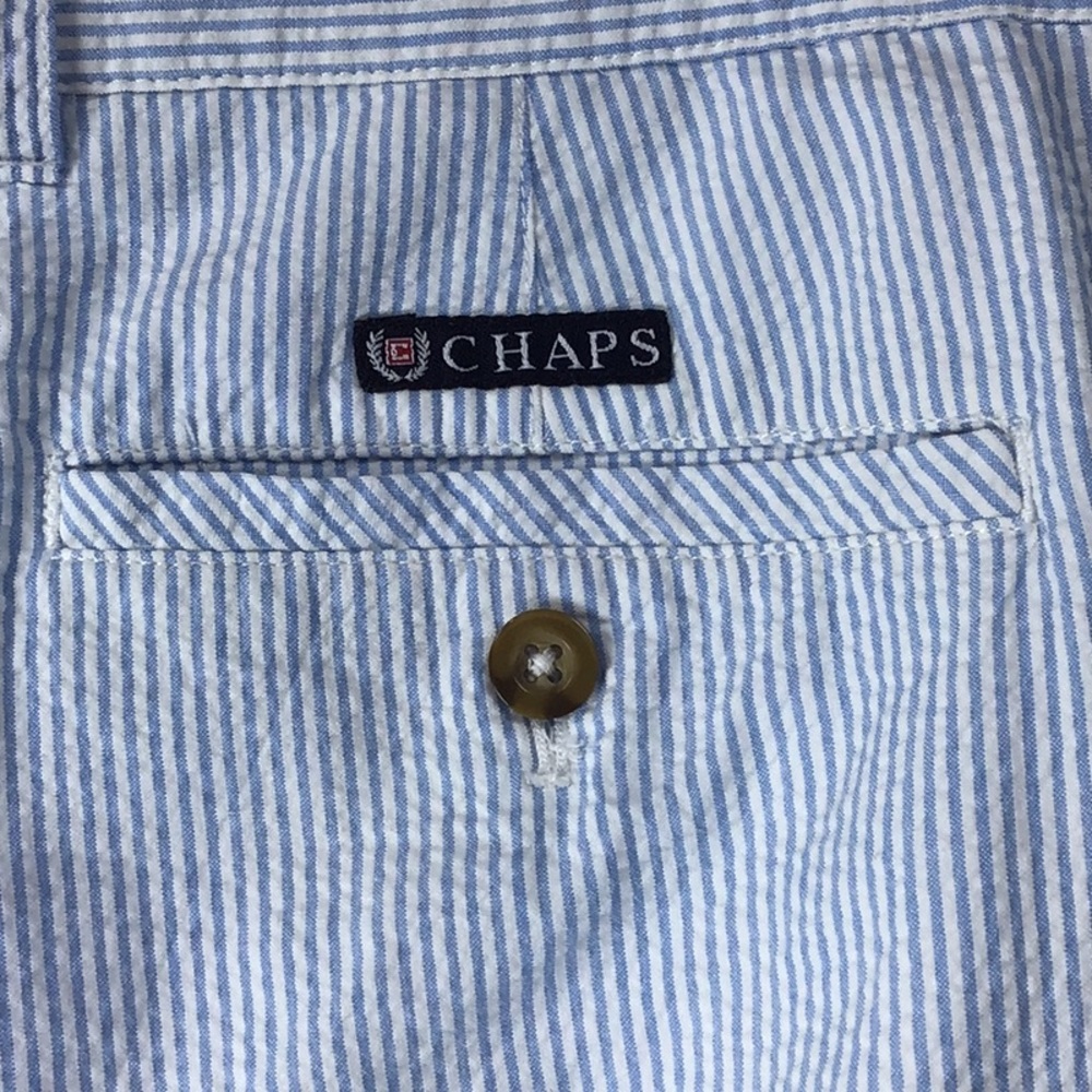 🏝️Men’s CHAPS Blue White Cotton Seersucker Zip Flat Front Shorts Sz.40